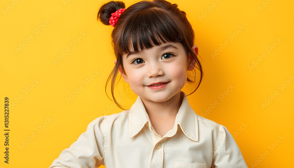 Photo of adorable girl with perming coiffure dressed stylish shirt arms hold object empty space isolated on yellow color background, flat papercut style. with white shades Photo of adorable girl with perming coiffure dressed stylish shirt arms hold object empty space isolated on yellow color background, flat papercut style. with white shades