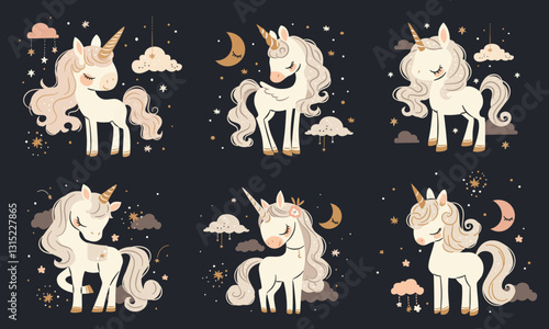 A set of flat vector illustrations in a simple childish style. Cute unicorns and pegasi on dark background, clouds and stars. Vector illustration