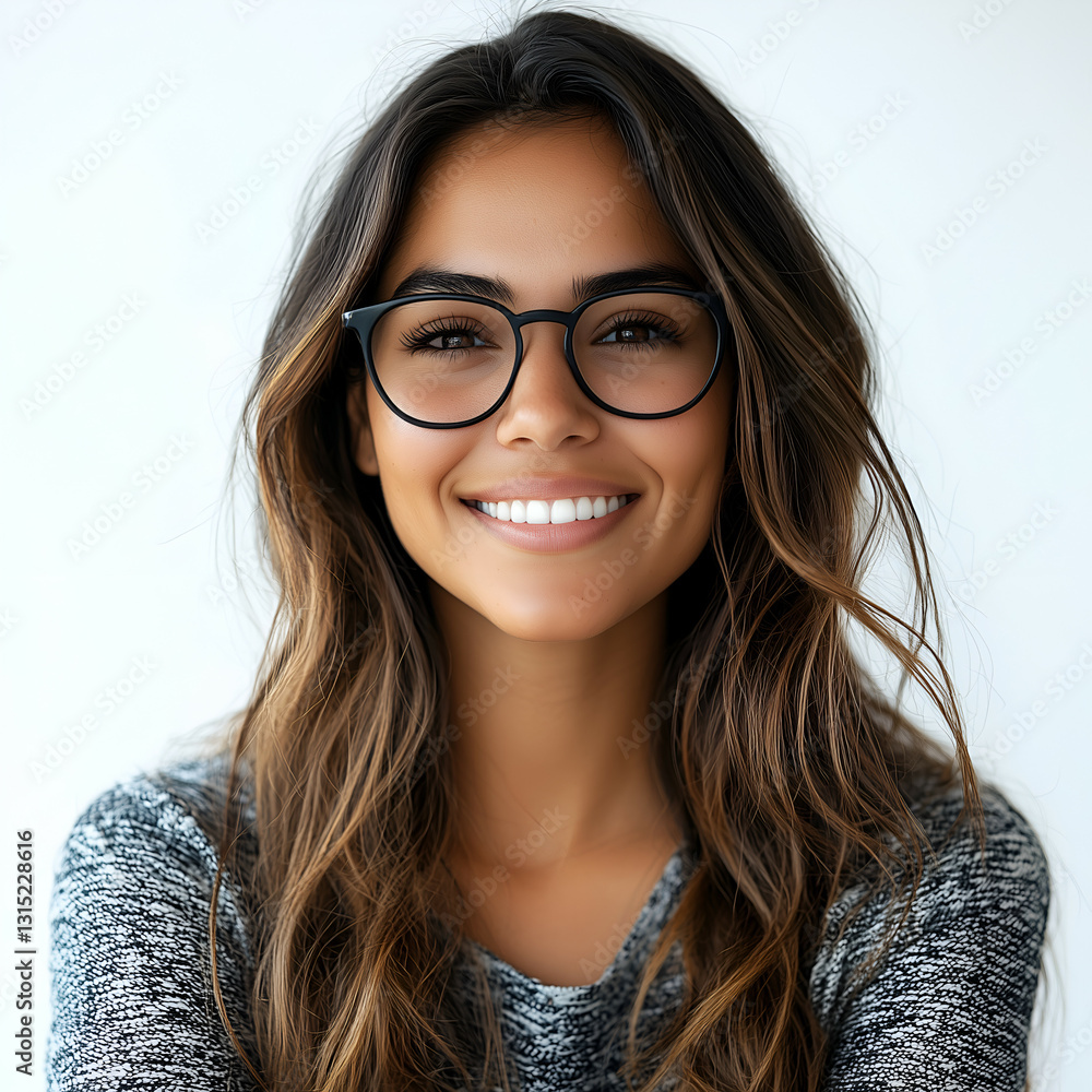 Obraz premium Smiling Young Brunette Woman in Glasses – Confident & Casual Portrait Photography
