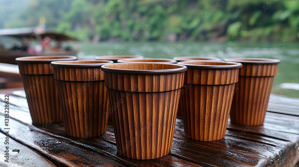 Naklejka premium Wooden cups lined up on a wet wooden surface, by a river