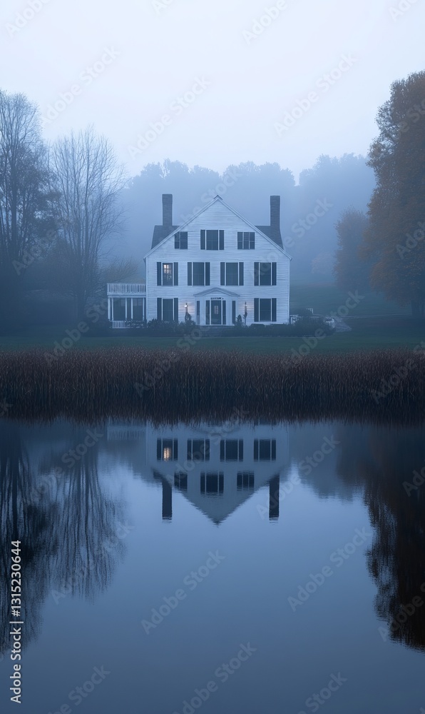 Fototapeta premium Misty Morning Reflection of Mansion on Calm Water