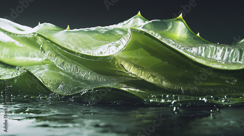Fresh Aloe Vera Leaves with Water DropletsFresh aloe vera leaves stacked on a dark surface. The vibrant green color reflects light beautifully. 