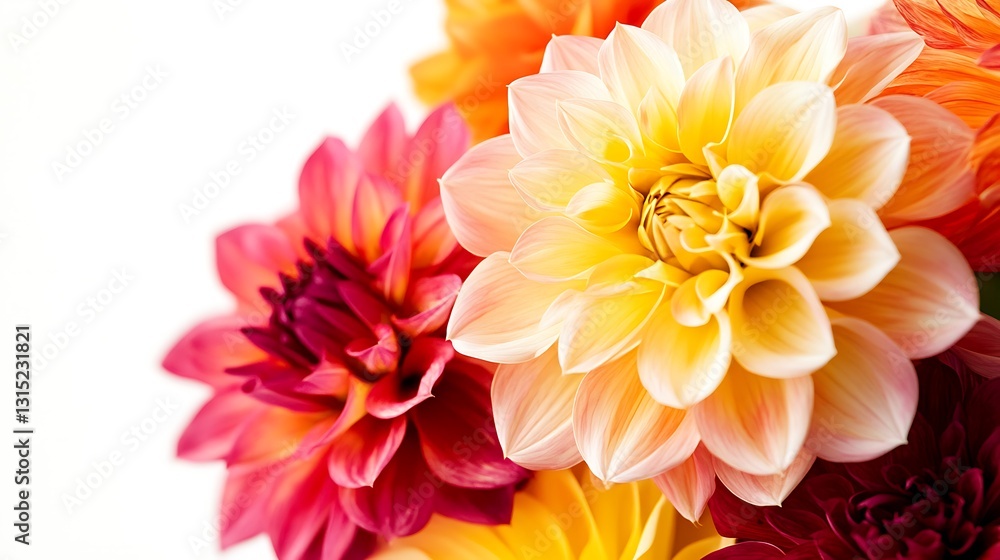 Realistic close-up of a mixed bouquet of dahlias, with a focus on a single, richly colored bloom, white background Realistic close-up of a mixed bouquet of dahlias, with a focus on a single, richly colored bloom, white background