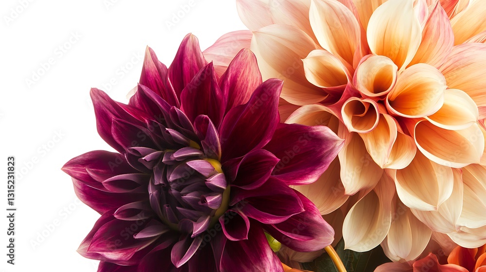 Realistic close-up of a mixed bouquet of dahlias, with a focus on a single, richly colored bloom, white background Realistic close-up of a mixed bouquet of dahlias, with a focus on a single, richly colored bloom, white background