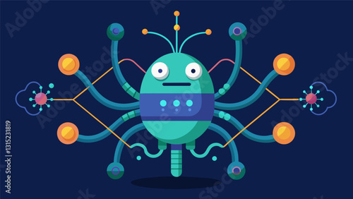The quantum computer resembled a living organism its arms and tendrils extending and contracting as it ingested and processed massive amounts of data.. Vector illustration