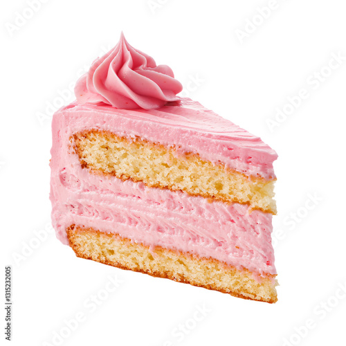 a piece of cake with pink frosting on a white background