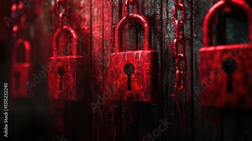 Vivid red padlocks suspended on chains against a dark textured background, symbolizing security and data protection