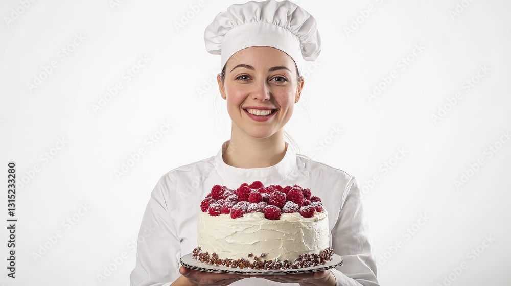 A female chef holding a freshly baked cake with a proud smile in a kitchen on a white isolated background A female chef holding a freshly baked cake with a proud smile in a kitchen on a white isolated background