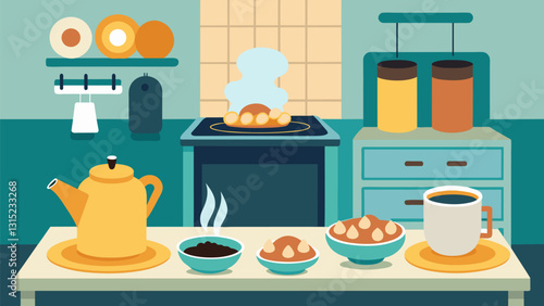 The sweet aroma of freshly brewed coffee wafting through the kitchen as chilaquiles bake in the oven.. Vector illustration