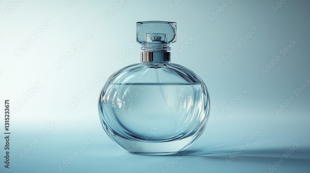 Empty perfume bottle on light blue backdrop Empty perfume bottle on light blue backdrop