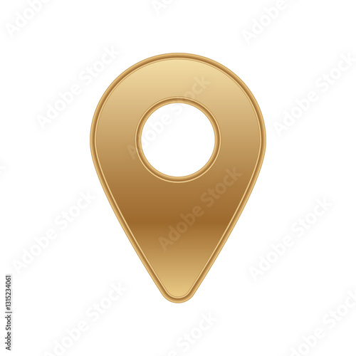 A gold location pin icon with a circular center and smooth metallic finish. represents location or map.