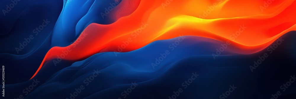Fototapeta premium Abstract background with a blue and orange gradient, featuring wavy shapes against a dark background, banner design