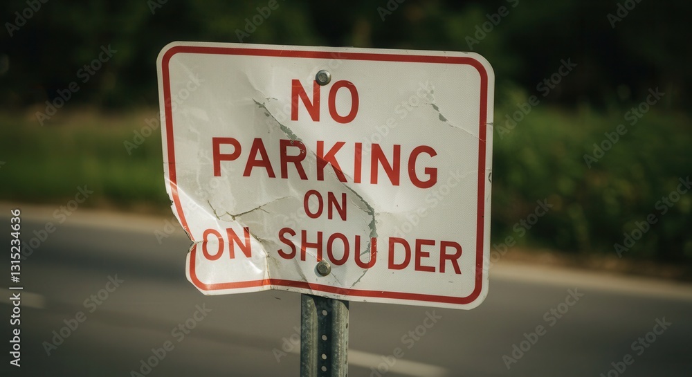 Damaged No Parking Sign on Road Shoulder with Red Lettering Damaged No Parking Sign on Road Shoulder with Red Lettering