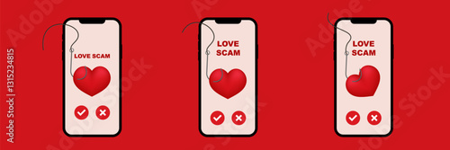Three smartphones displaying love scam with heart and hook symbols, warning of online scams.