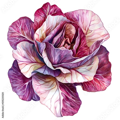 Watercolor cabbage flower – botanical art with purple and pink tones