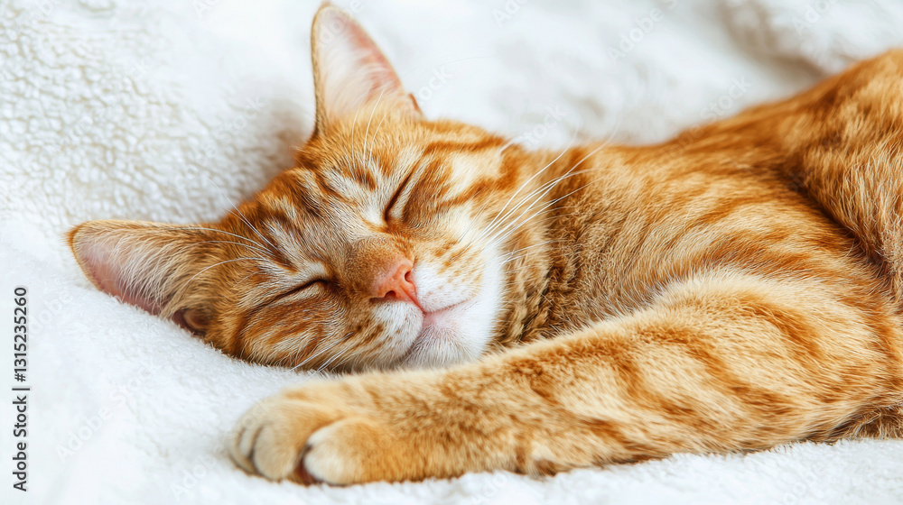 Peaceful orange cat sleeping on soft white background with copy space. concept of feline relaxation, cozy rest, tranquil pet moments, gentle serenity Peaceful orange cat sleeping on soft white background with copy space. concept of feline relaxation, cozy rest, tranquil pet moments, gentle serenity