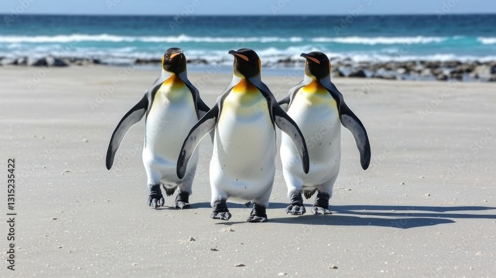 Obraz premium Three King Penguins Walking on a Beach