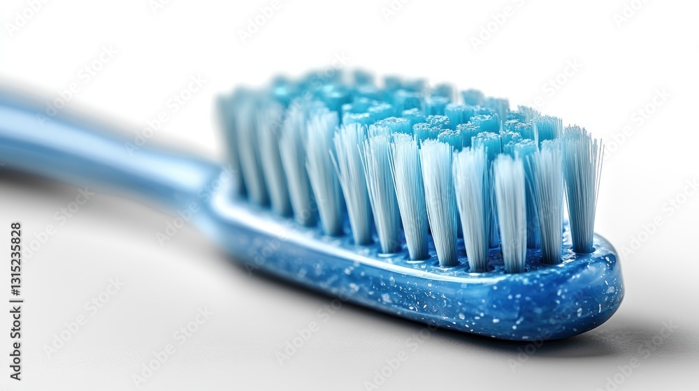 Close-up of a light blue toothbrush head on a white background Close-up of a light blue toothbrush head on a white background