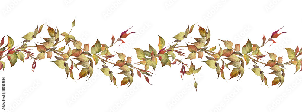 Seamless border with rose flower buds and green branches. Watercolor hand painted illustration. Seamless border with rose flower buds and green branches. Watercolor hand painted illustration.
