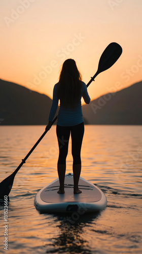 A serene sunset paddleboarding scene featuring a silhouette of a woman on calm waters. The vibrant colors of the sky reflect tranquility and adventure in nature.
