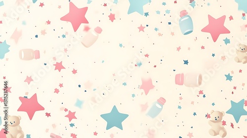 Baby shower background with pastel stars, teddy bears, and bottles.