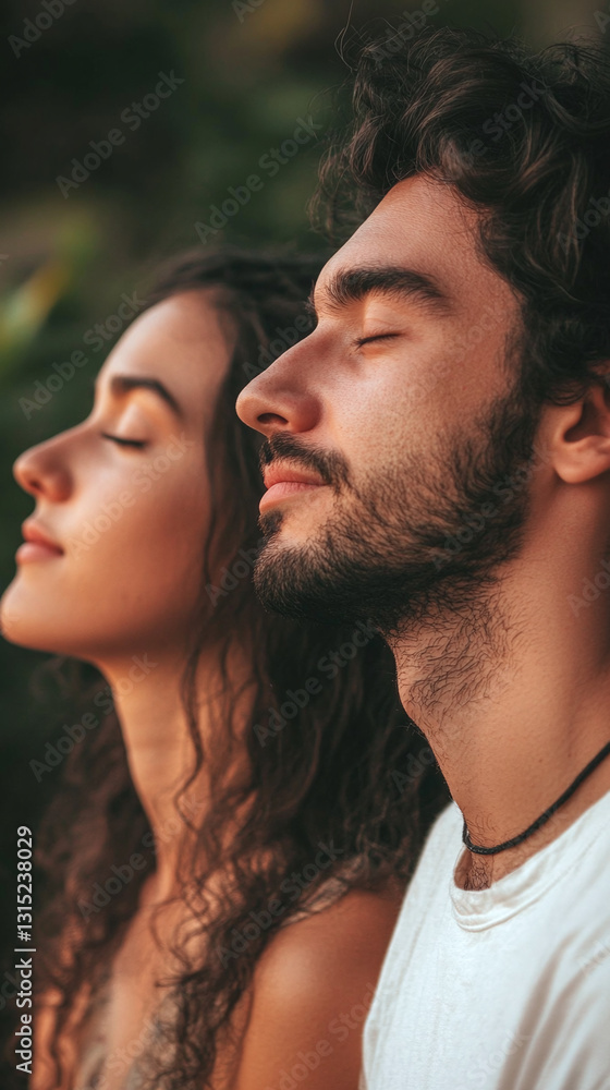 profile of relaxed couple breathing outdoors profile of relaxed couple breathing outdoors
