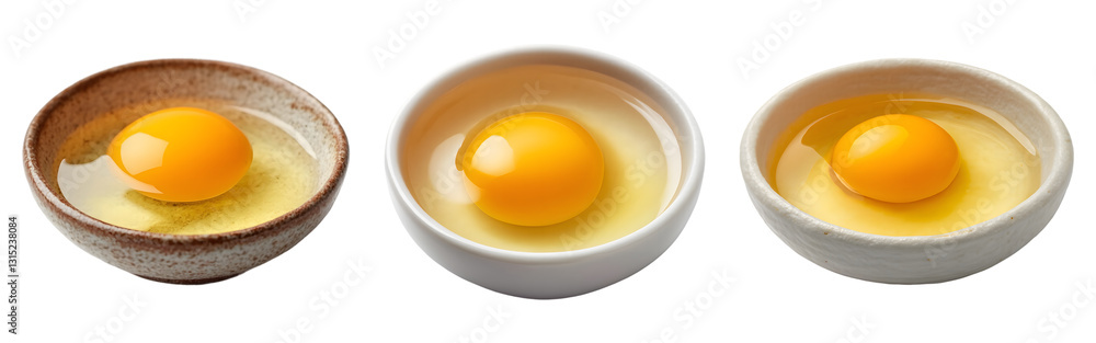 Bright egg yolks resting in elegant ceramic bowls create a vibrant display against a transparent backdrop Bright egg yolks resting in elegant ceramic bowls create a vibrant display against a transparent backdrop