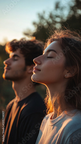profile of relaxed couple breathing outdoors