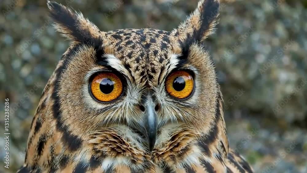 Intense Close-Up of Eurasian Eagle-Owl with Fiery Eyes in Rocky Landscape Intense Close-Up of Eurasian Eagle-Owl with Fiery Eyes in Rocky Landscape