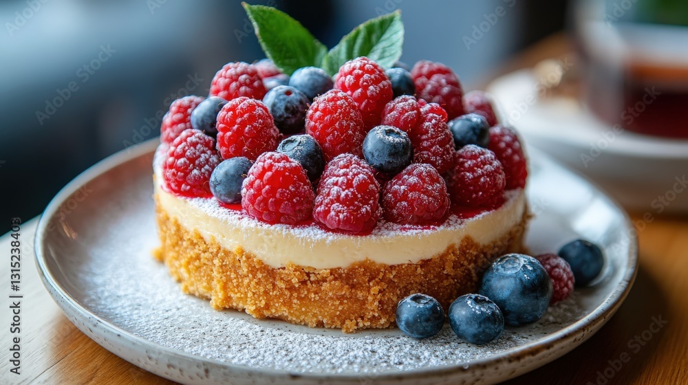 Delicate French-style fruit tart with raspberries and blueberries in modern cafe setting Delicate French-style fruit tart with raspberries and blueberries in modern cafe setting