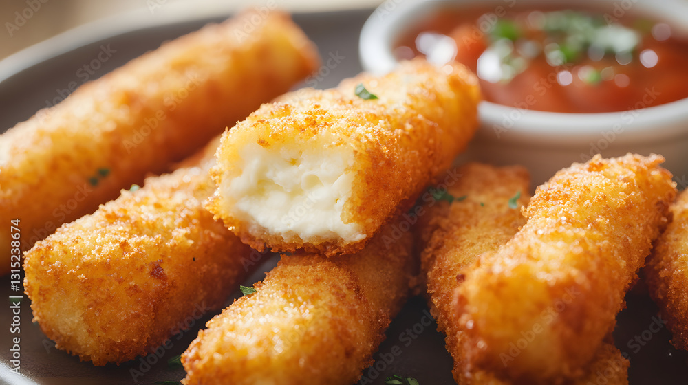 Mozzarella sticks with a crispy golden brown coating, served with a tangy and sweet sauce that enhances the flavor of the cheesy goodness. Mozzarella sticks with a crispy golden brown coating, served with a tangy and sweet sauce that enhances the flavor of the cheesy goodness.