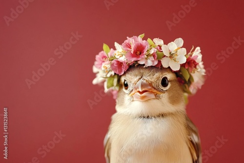Cute baby animal sparrow wearing primal flower circlet on its head - symbol of sunny warm season. Isolated dark red background, copy space, advertising conceptual art.