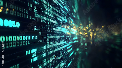 Abstract Futuristic Data Stream With Glowing Green Binary Code And Gold Particles In A Dark Digital Space