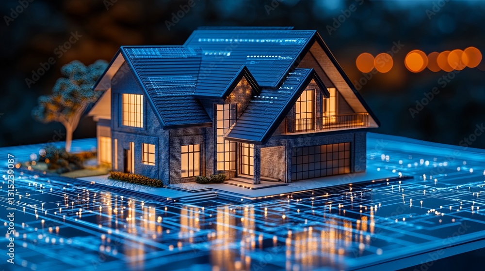 Modern house model illuminated at night with digital circuit design background Modern house model illuminated at night with digital circuit design background