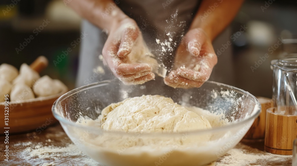 Hands dusting flour over dough in glass bowl. Hands dusting flour over dough in glass bowl.