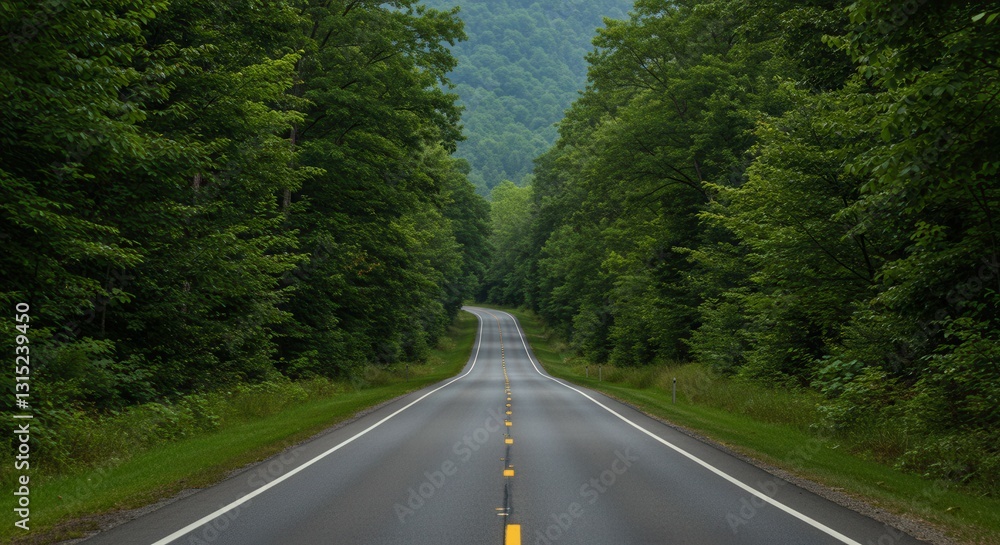 Fototapeta premium Driving Through Forest Road with Trees and Mountains in Background