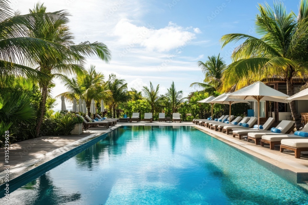 Inviting pool with serene lounge area surrounded by lush tropical greenery under a beautiful blue sky. Inviting pool with serene lounge area surrounded by lush tropical greenery under a beautiful blue sky.