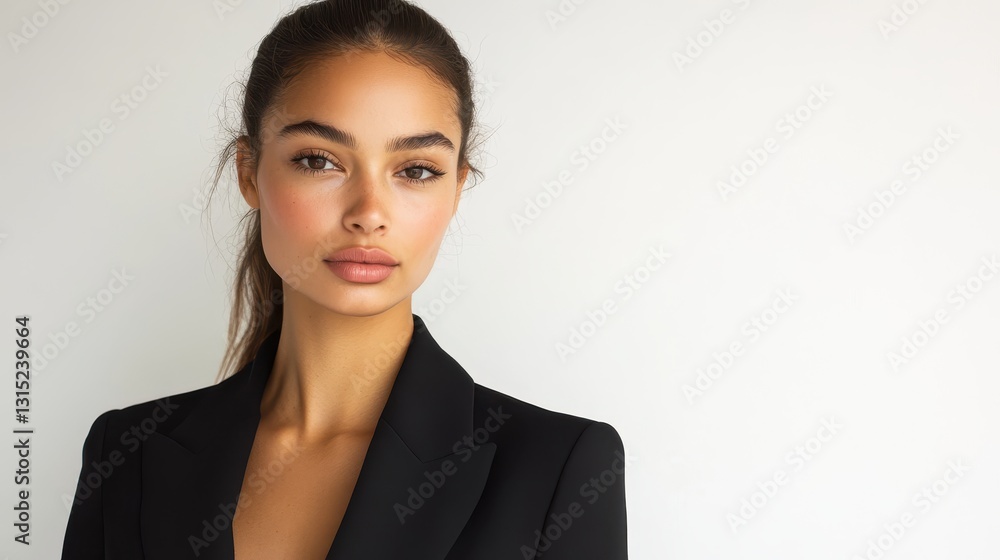 A female model in a chic black blazer and high-waisted pants, confidently looking into the camera on a white isolated background A female model in a chic black blazer and high-waisted pants, confidently looking into the camera on a white isolated background