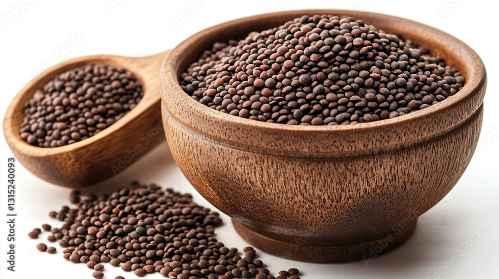 Brown seeds in wooden bowl and spoon Brown seeds in wooden bowl and spoon