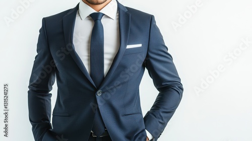 A man wearing a slim-fit suit with a skinny tie, standing in a pose with one hand in his pocket on a white isolated background photo