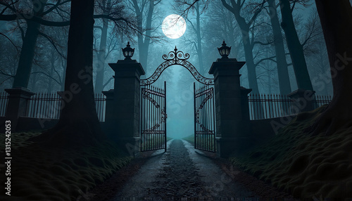Mysterious forest pathway with wrought iron gates under moonlight casting eerie shadows