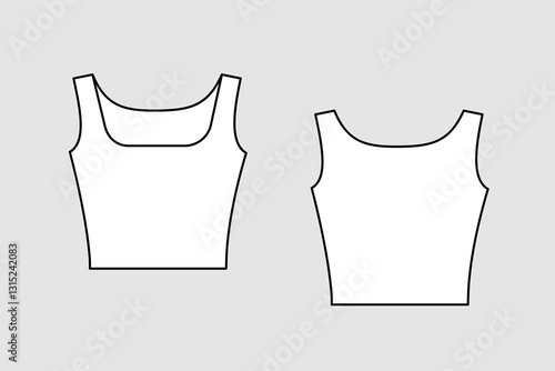 Female crop top vector template isolated on a grey background. Front and back view. Outline fashion technical sketch of clothes model.