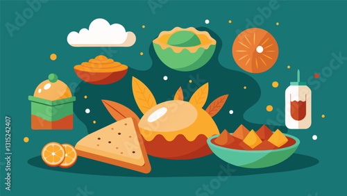 The tantalizing display of ingredients at the acaraj vendors stall from the crispy fried dough to the aromatic fillings and toppings.. Vector illustration