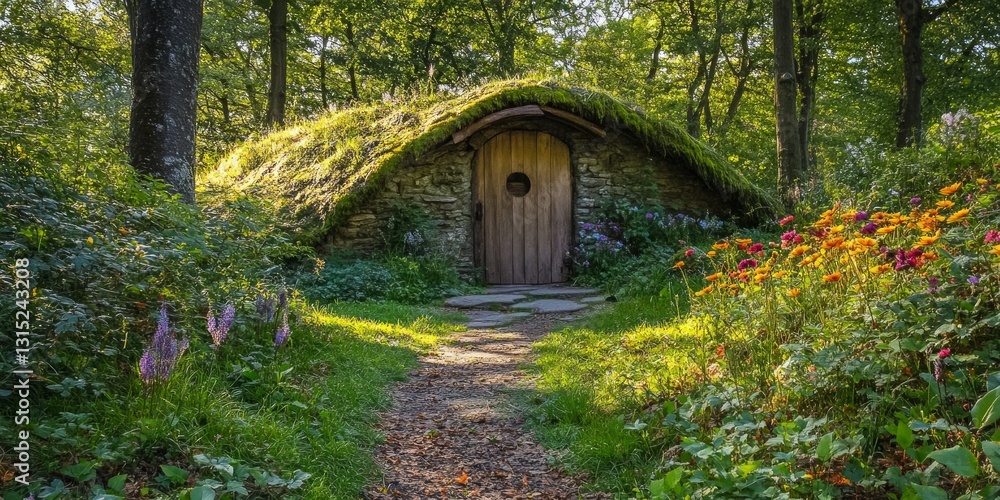 Enchanting stone hobbit house with wooden door in lush green forest clearing Enchanting stone hobbit house with wooden door in lush green forest clearing