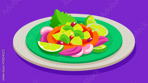 Vibrant hues of green purple and red dance on a plate of Mexican ceviche made with the freshest seafood and the most aromatic es.. Vector illustration