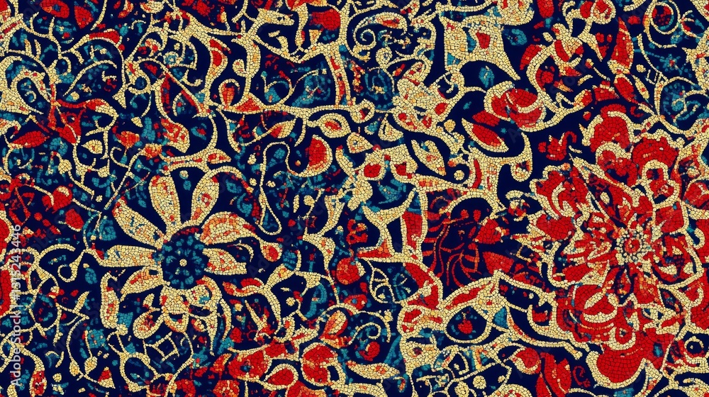 Intricate floral paisley pattern in vibrant red and blue tones Intricate floral paisley pattern in vibrant red and blue tones