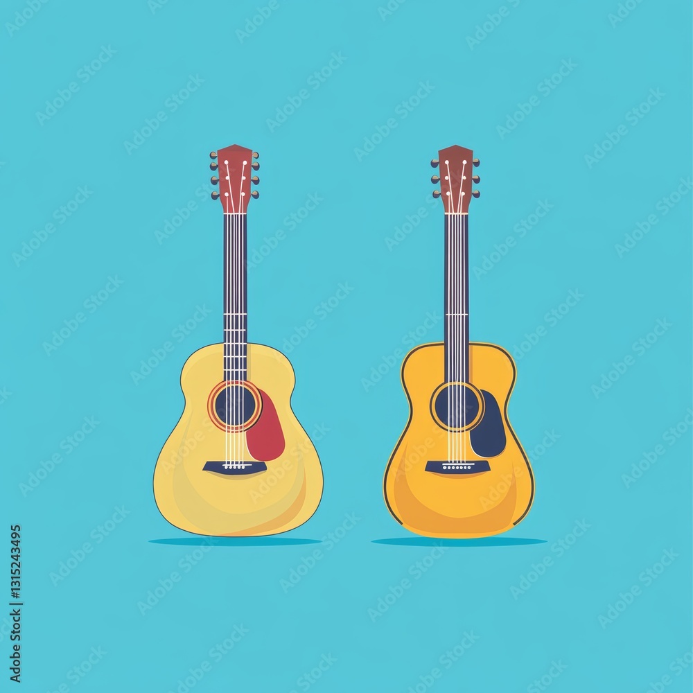 Naklejka premium Two guitars are shown side by side on a blue background. The guitars are of different sizes and have different designs