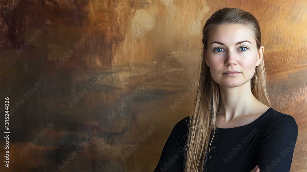 Fototapeta premium Woman with Arms Crossed on Textured Wall