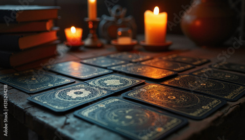 Gothic tarot cards spread on a wooden table with soft candlelight in a dim room