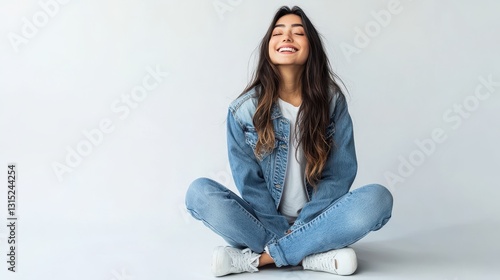 A female model in a casual denim jacket and white sneakers, sitting cross-legged with a playful smile on a white isolated background